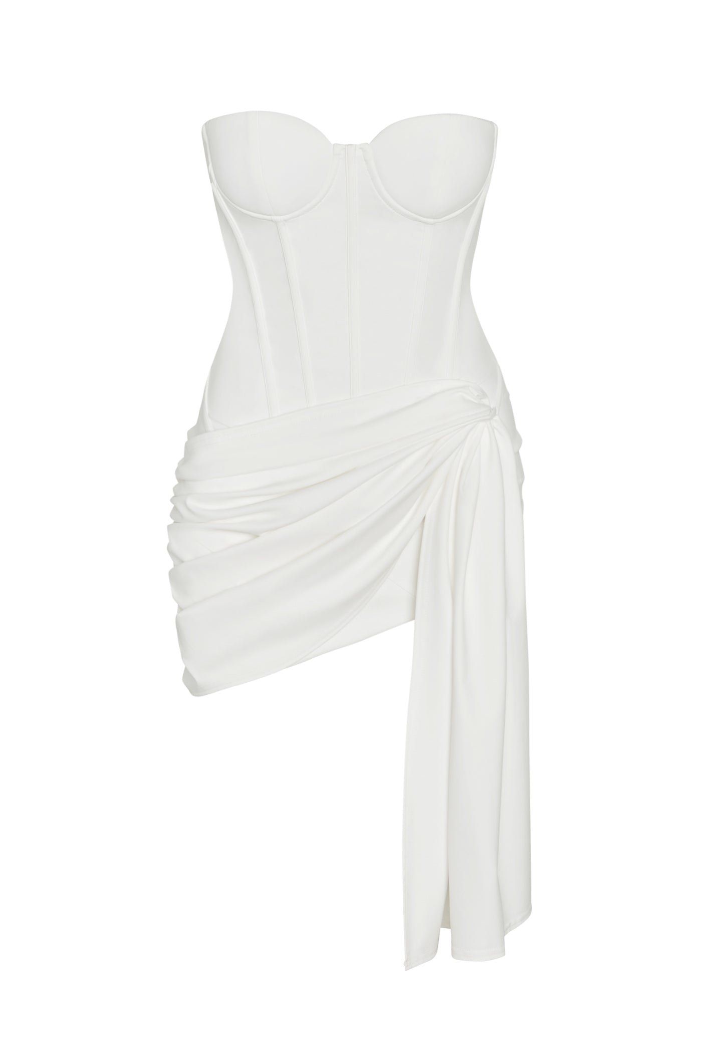 Capri Bustier Corset Draped Mini Dress in White, front view.