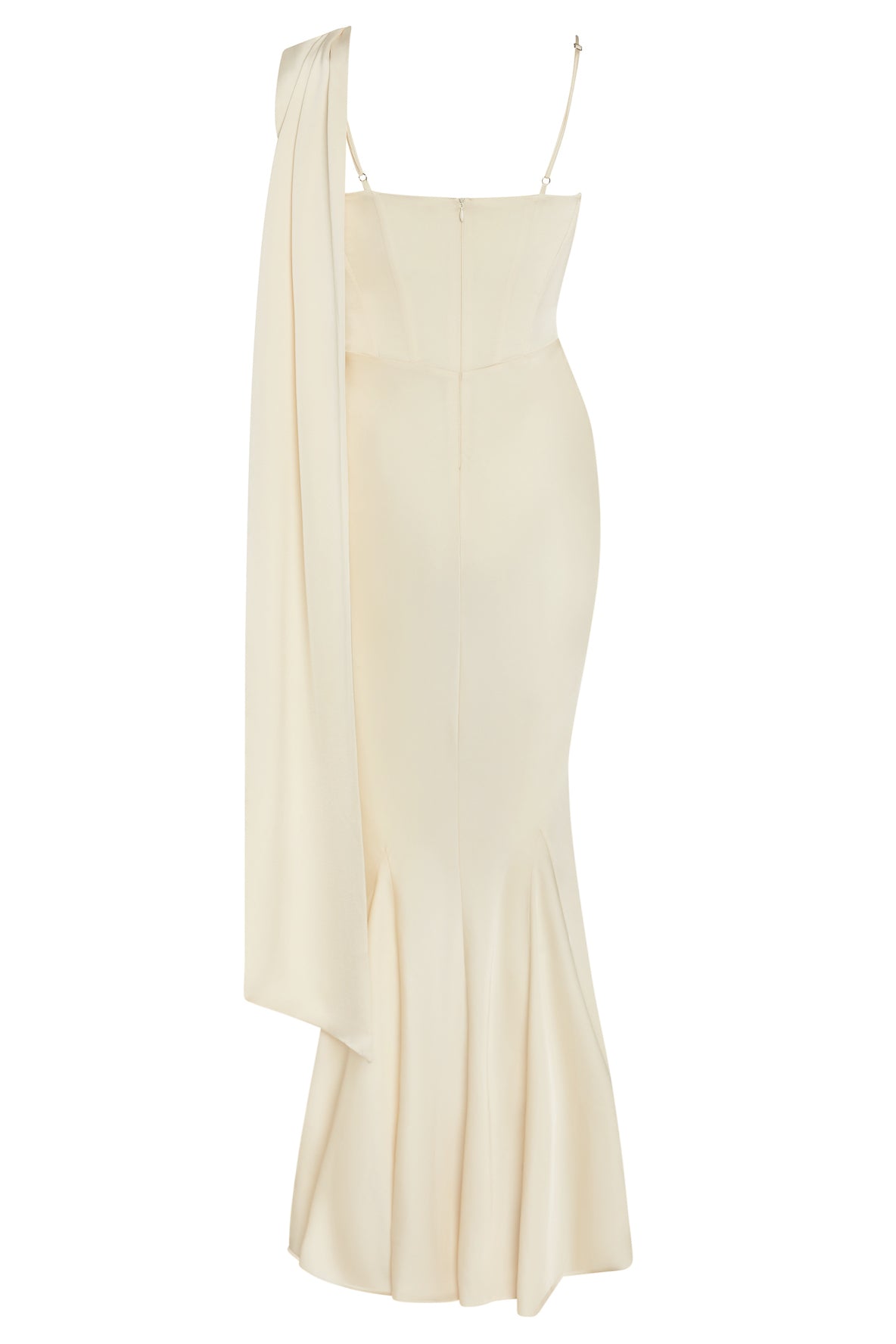 Celine Corset Drape Satin Gown in Ivory, back view.