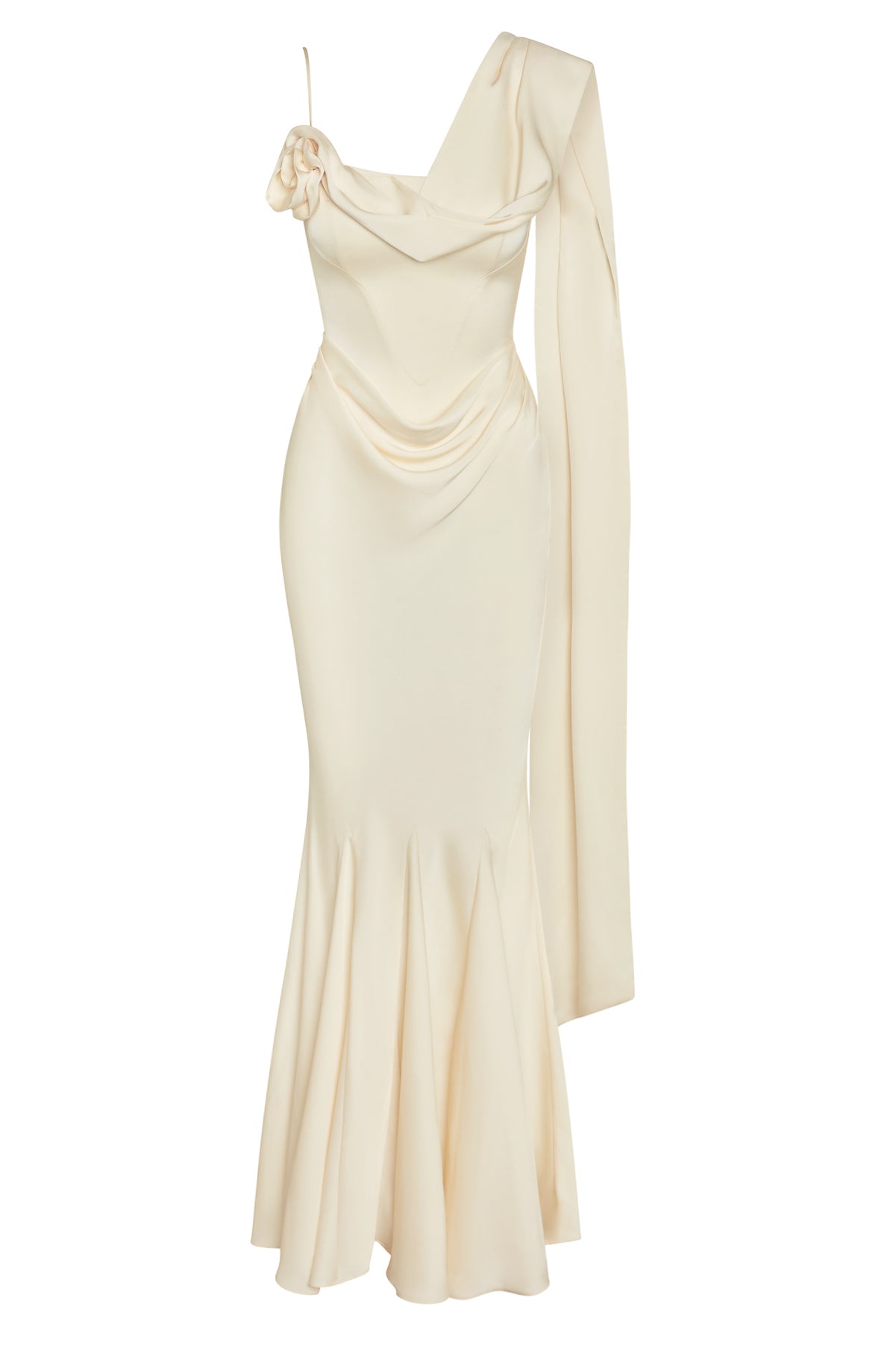 Celine Corset Drape Satin Gown in Ivory, front view.
