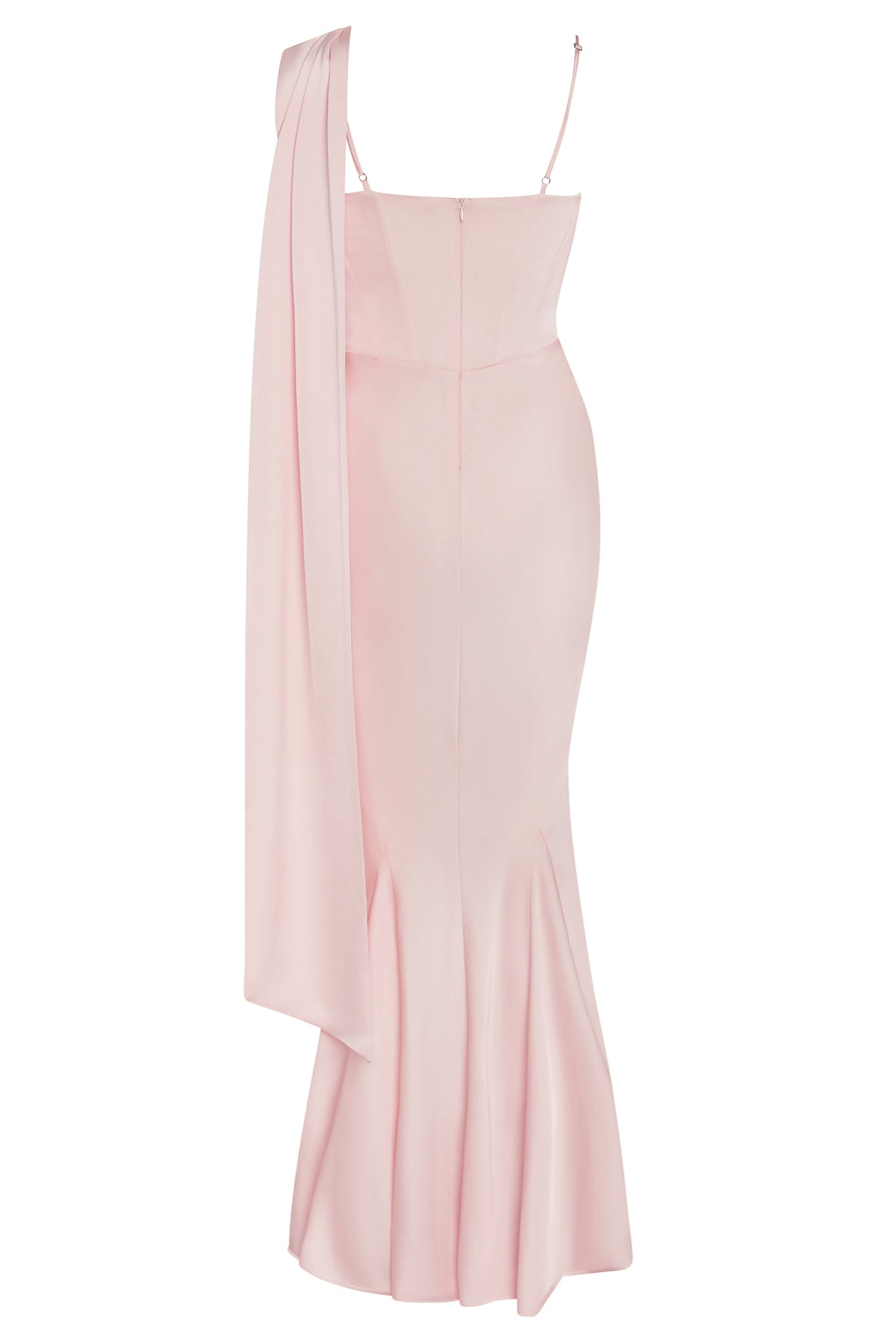 Celine Corset Drape Satin Gown in Pink, back view.