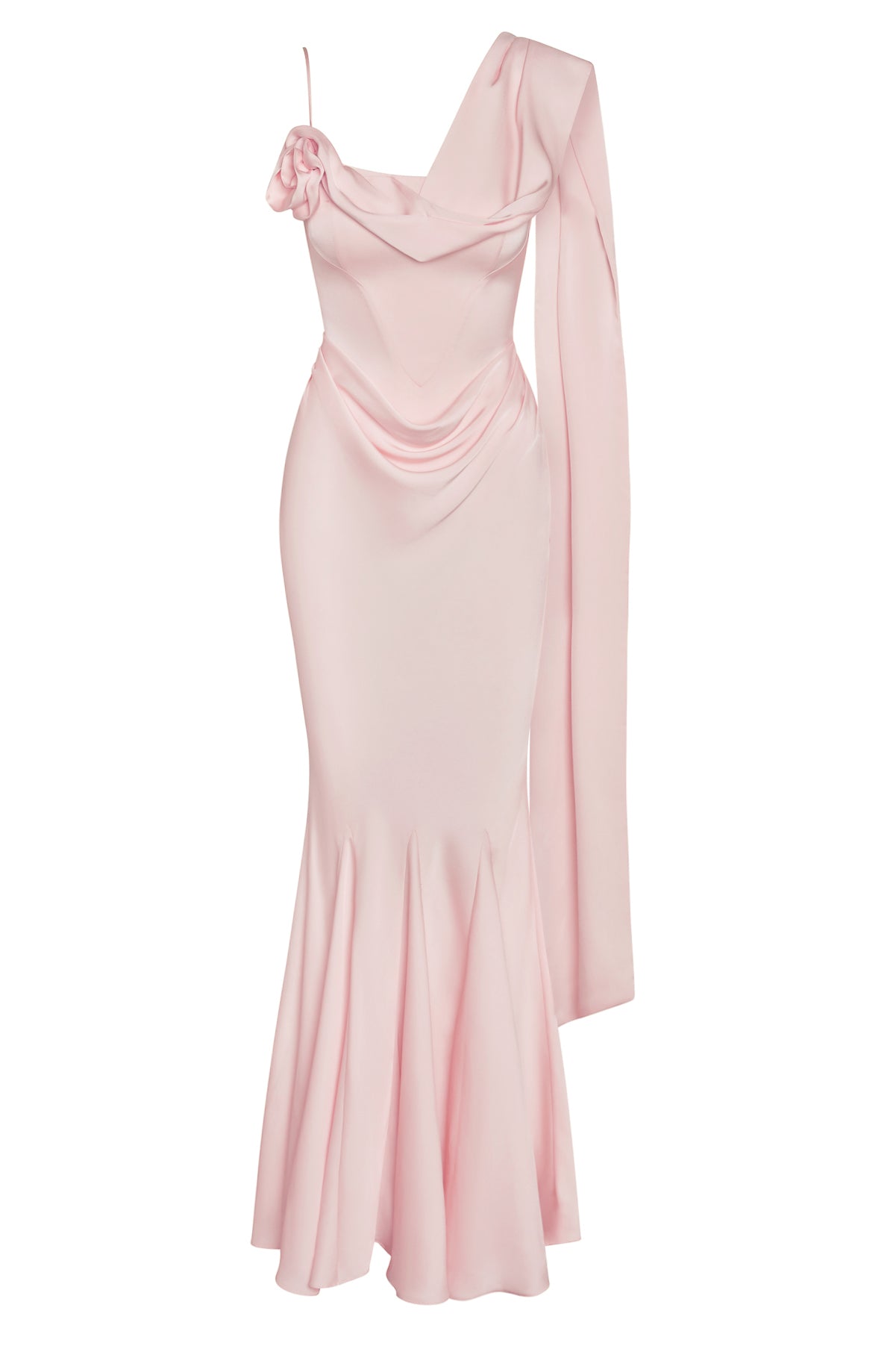 Celine Corset Drape Satin Gown in Pink, front view.