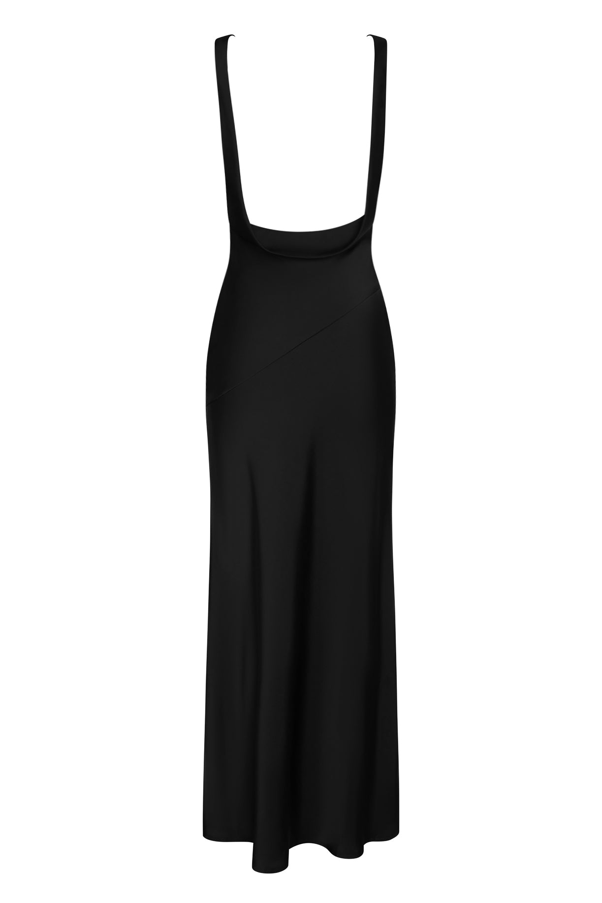 Dove Drape Satin Gown in Black, back view.