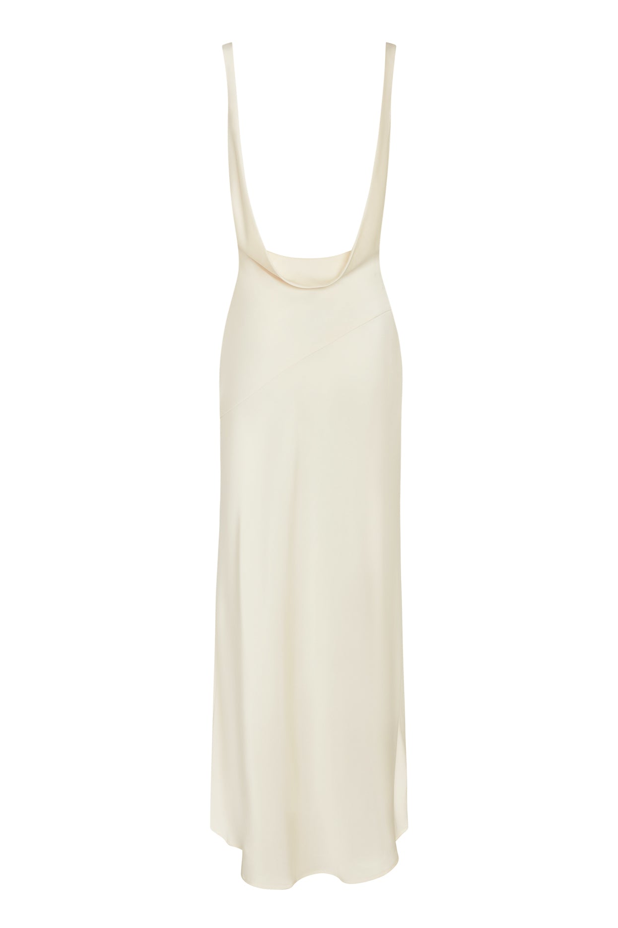 Dove Drape Satin Gown in Ivory, back view.