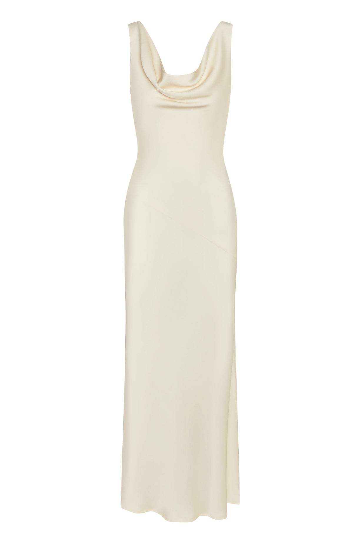 Dove Drape Satin Gown in Ivory, front view.