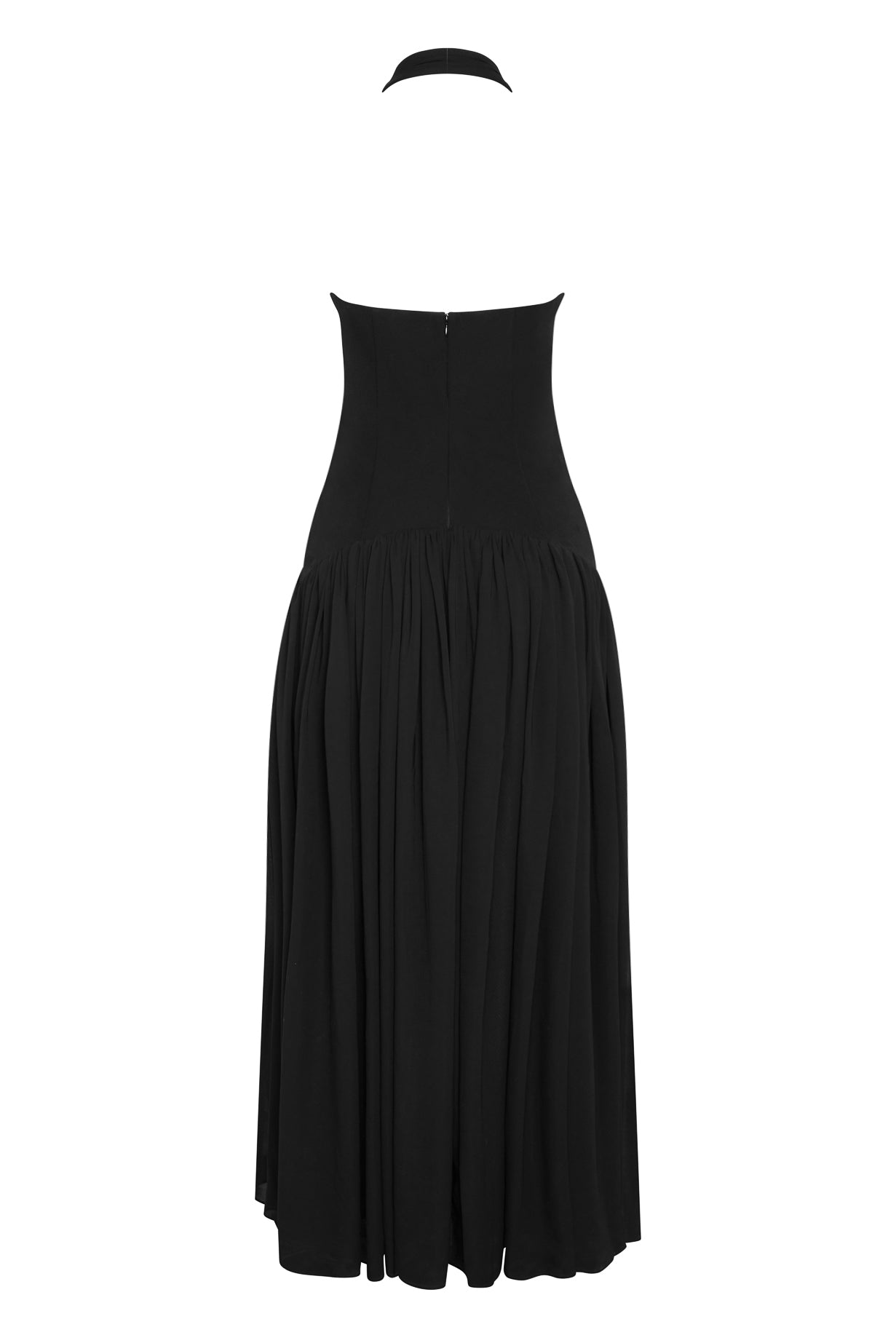 Harmony Halter Corset Maxi Dress in Black, back view.