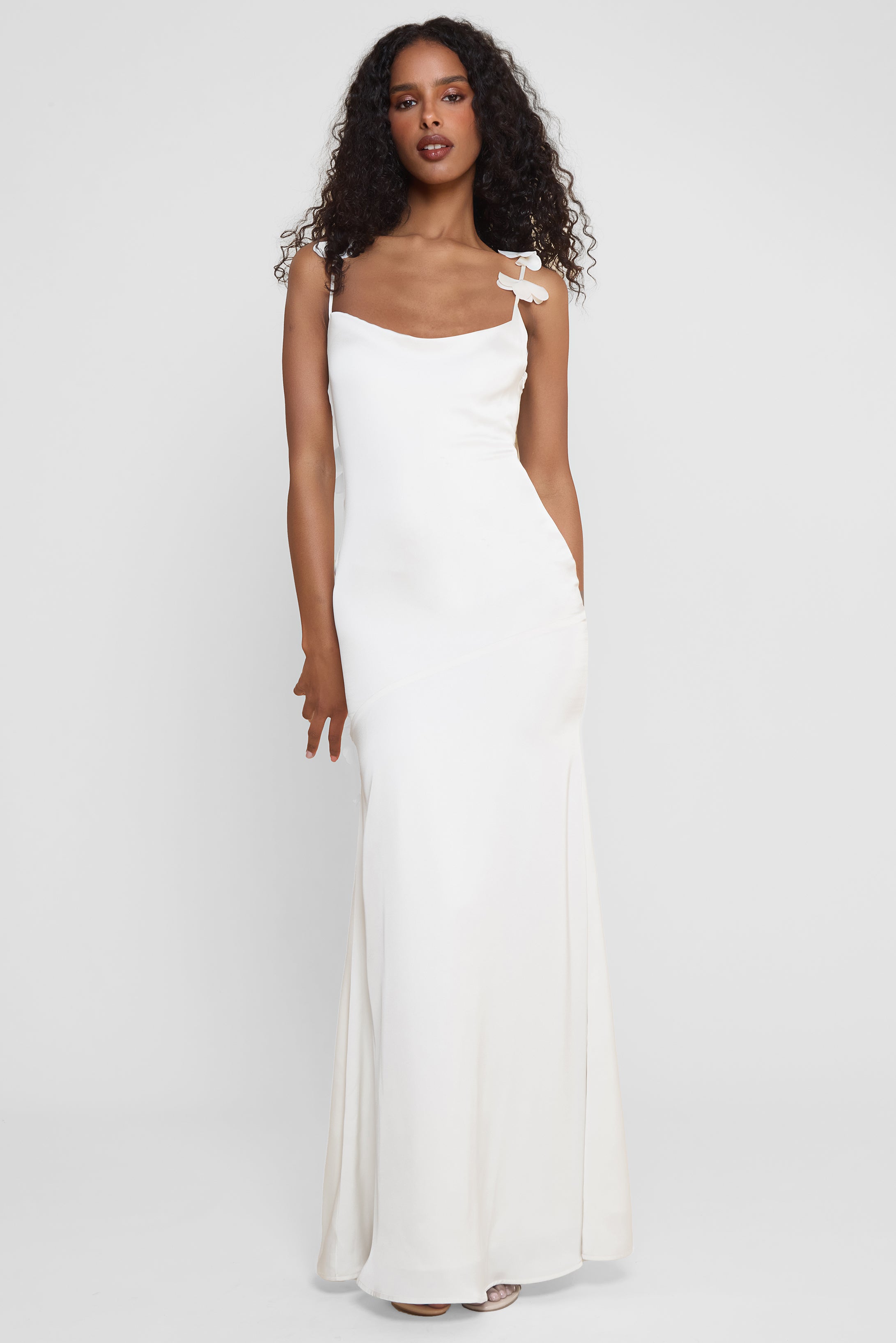 Model wearing Jardin Petal Satin Maxi Gown in White, front view