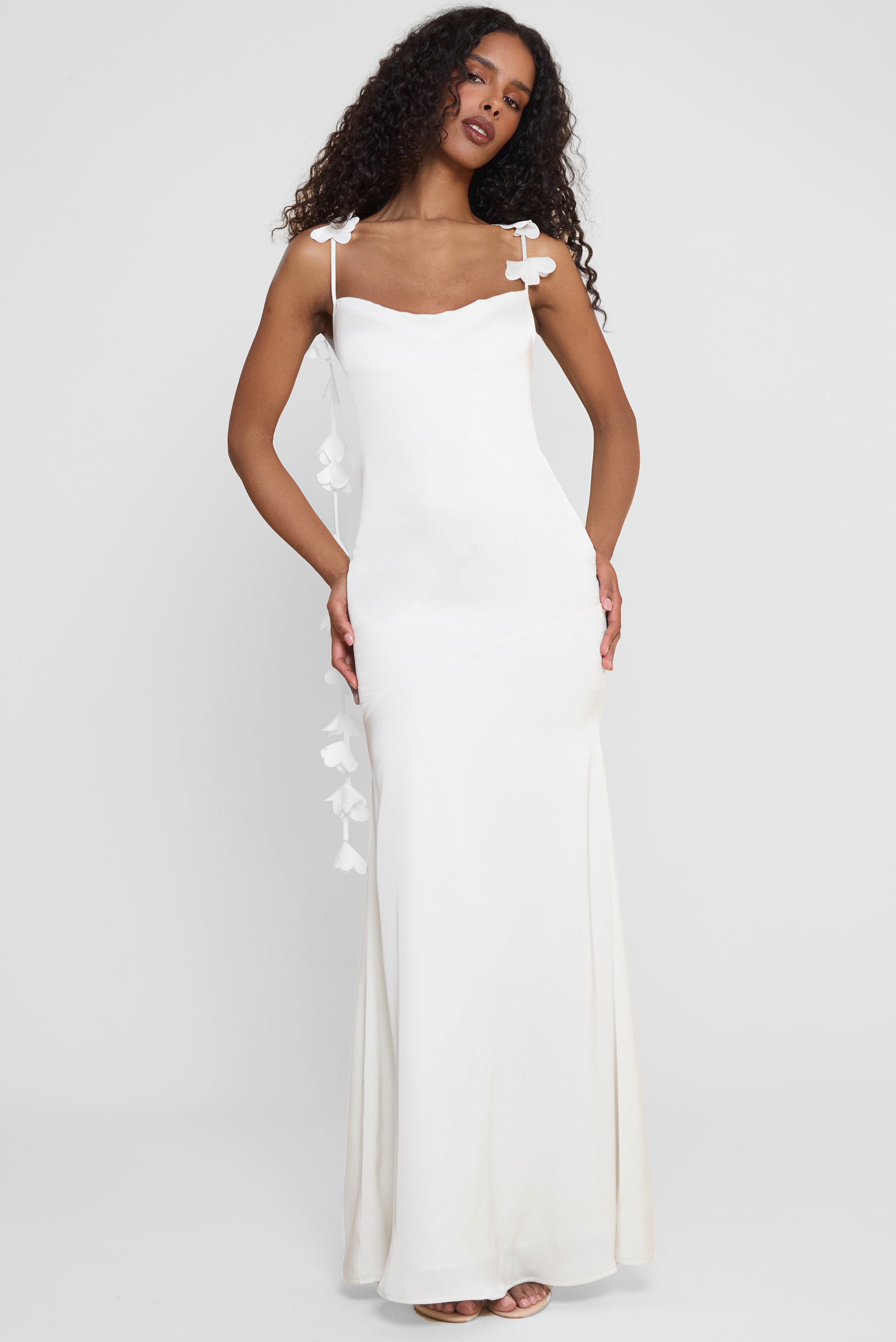 Model wearing Jardin Petal Satin Maxi Gown in White, front view