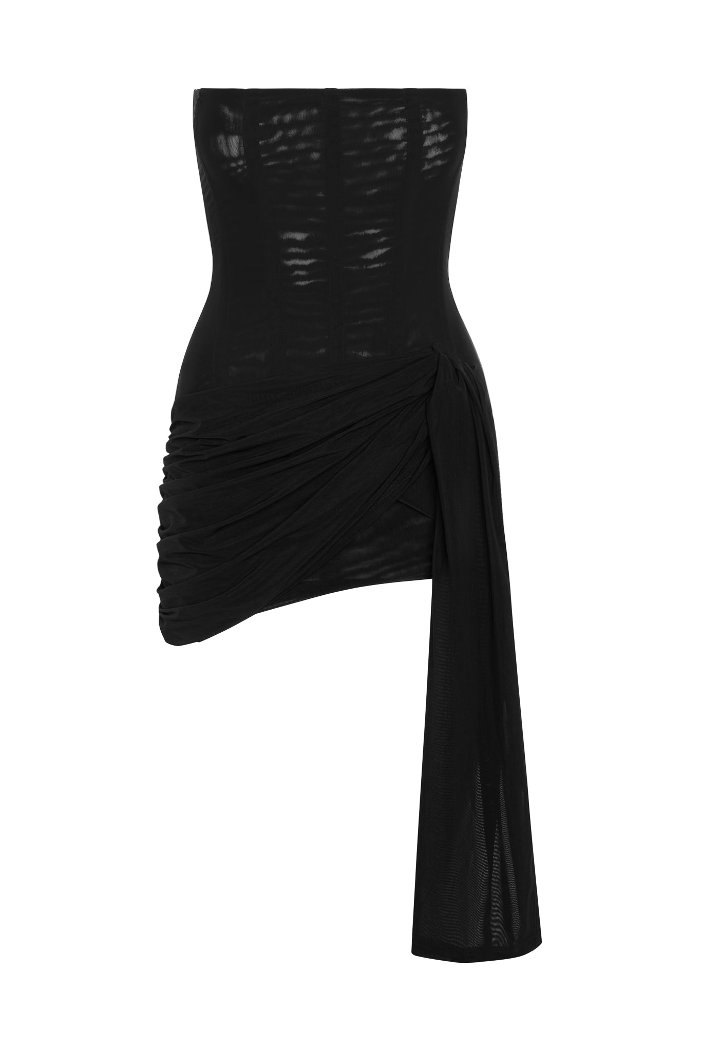 Mira Mesh Corset Dress in Black, front view.