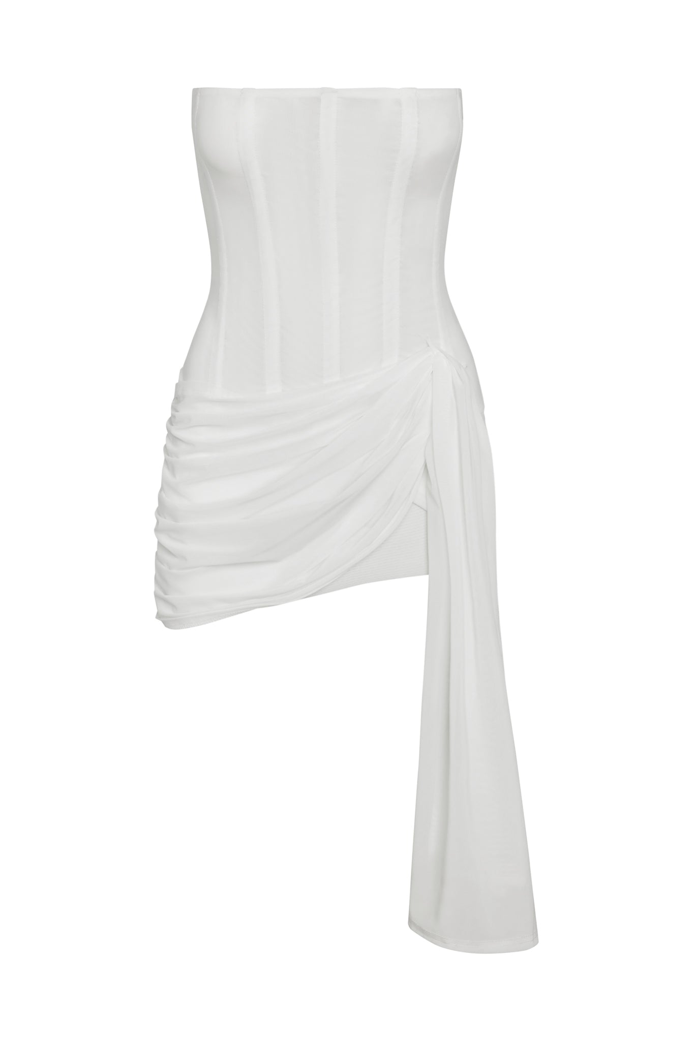 Mira Mesh Corset Dress in White, front view.