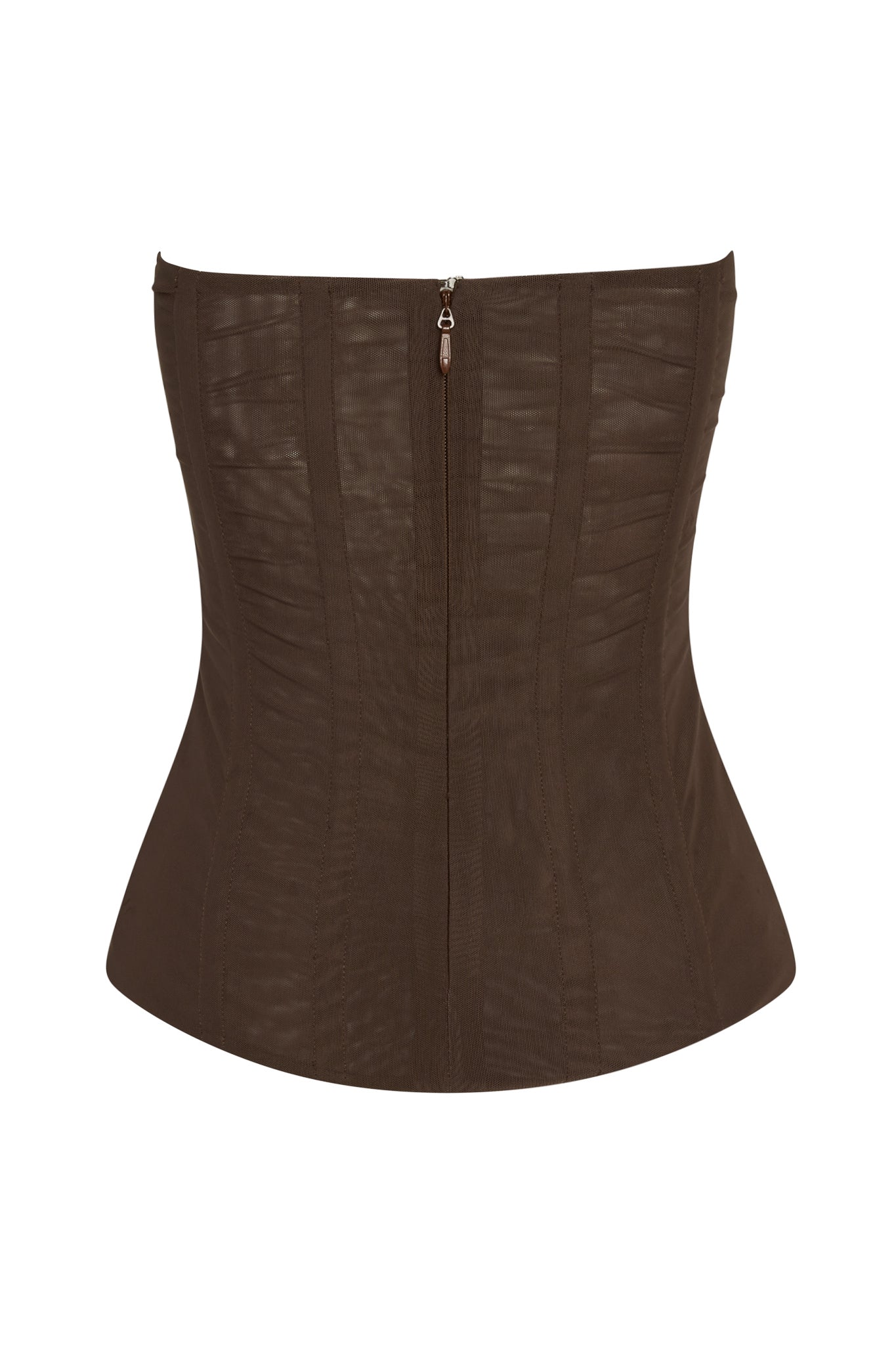 Muse Mesh Corset Top in Chocolate Brown, back view.
