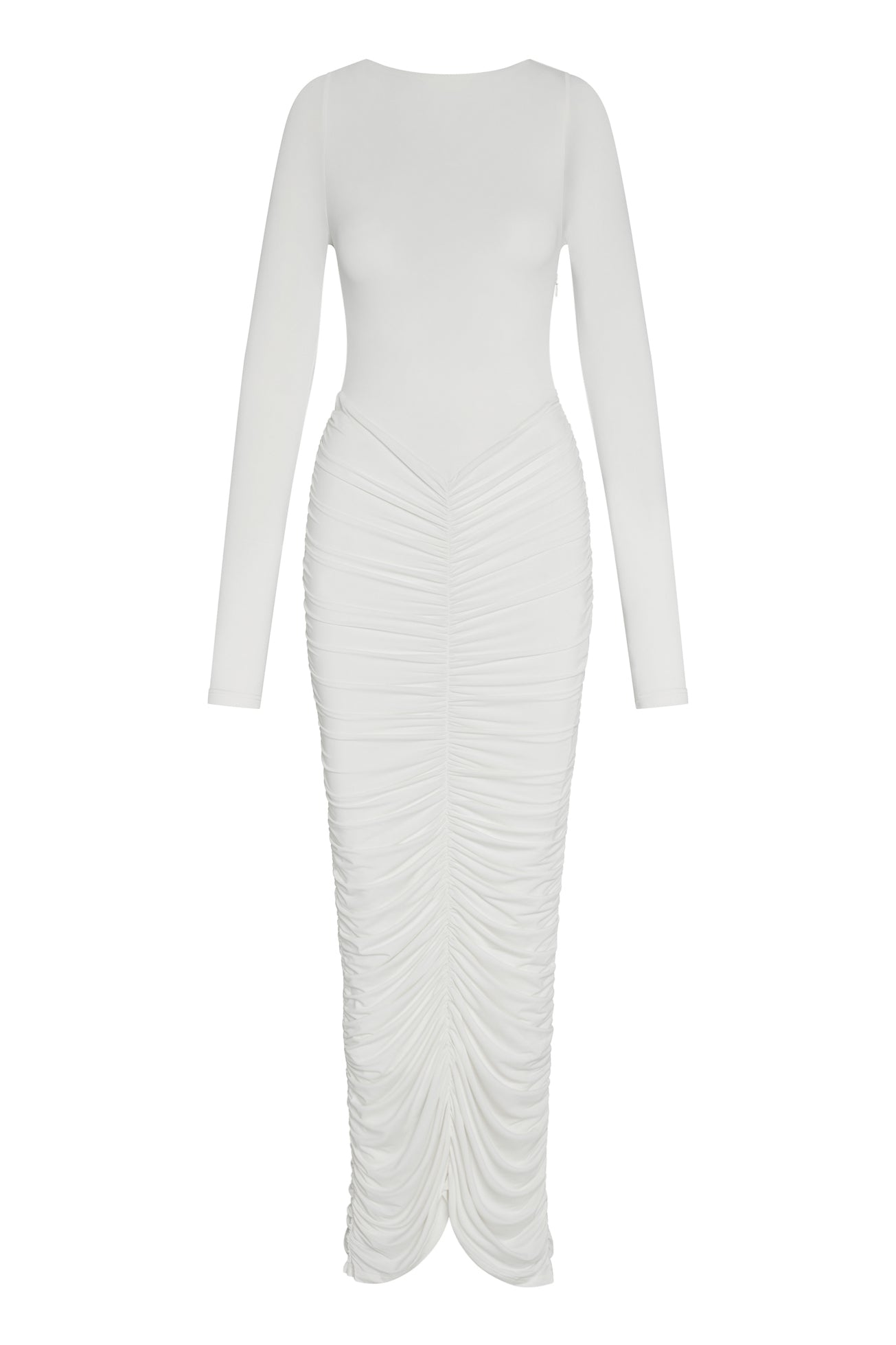 Rhea Ruche Maxi Dress in White, back view.