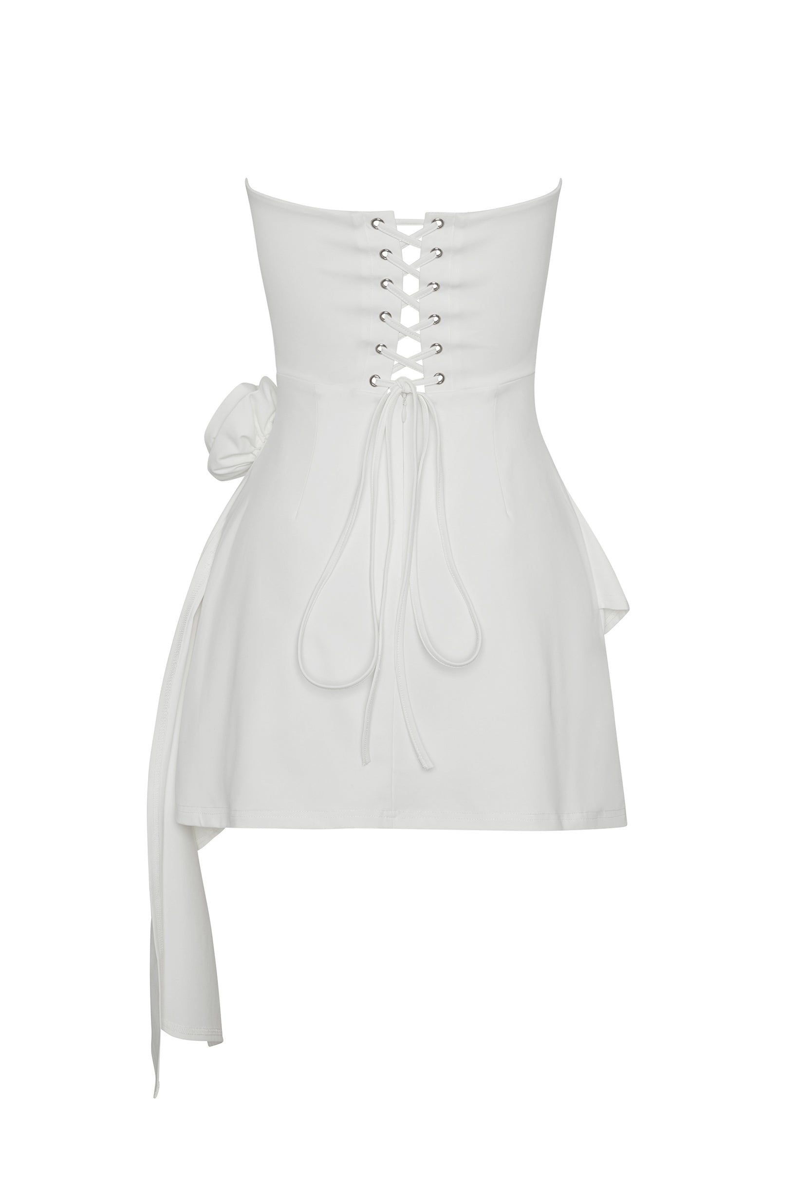 Rosette Strapless Mini Dress in White, back view.