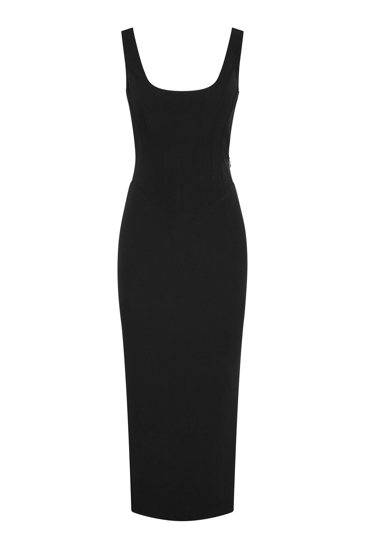 Sancia Corset Midi Dress in Black, front view.