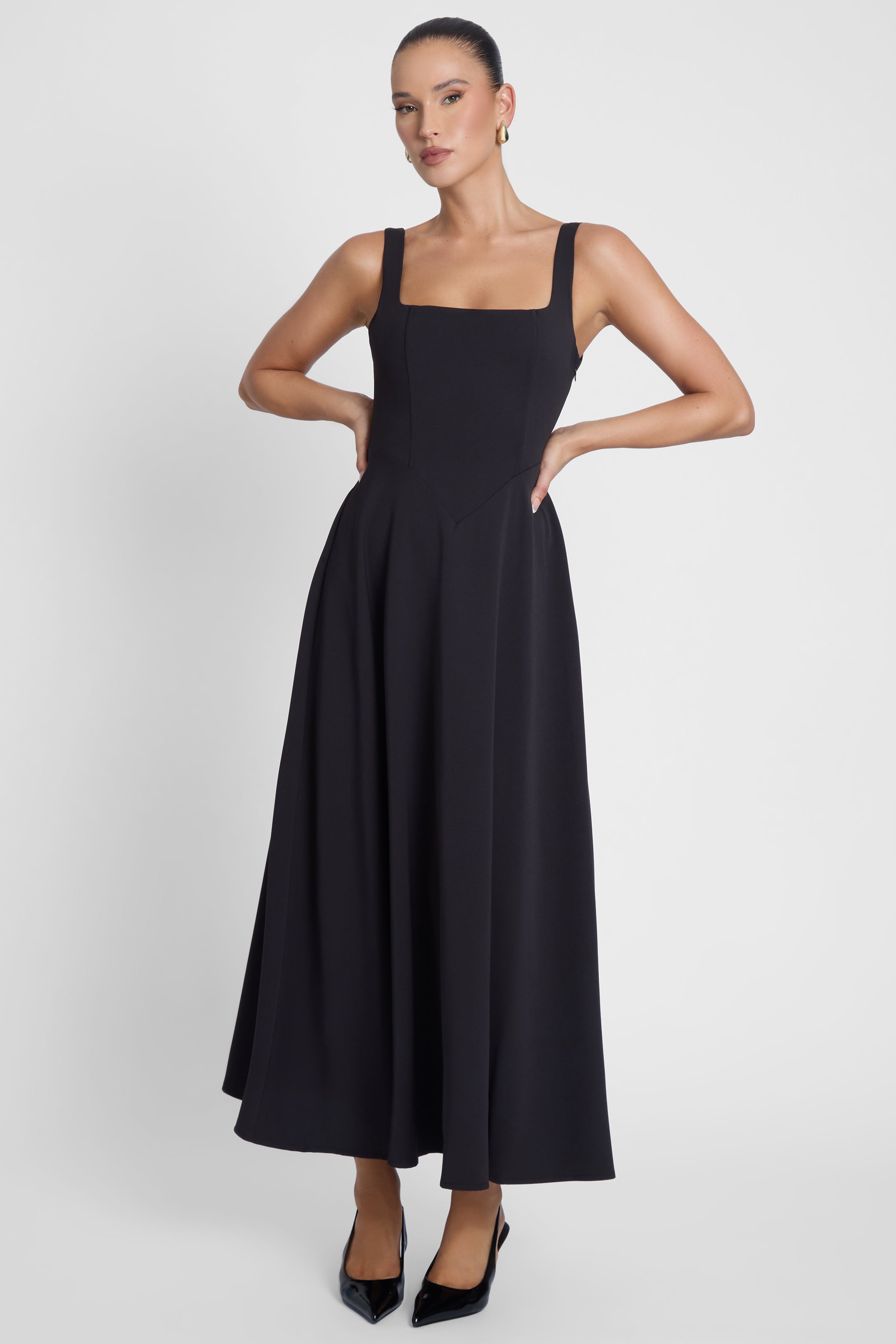 Serenity Square Neck Corset Midi Dress - Black