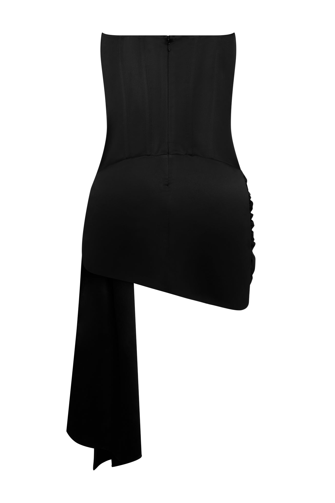 LEAU Solara Satin Corset Dress in Black, back view.