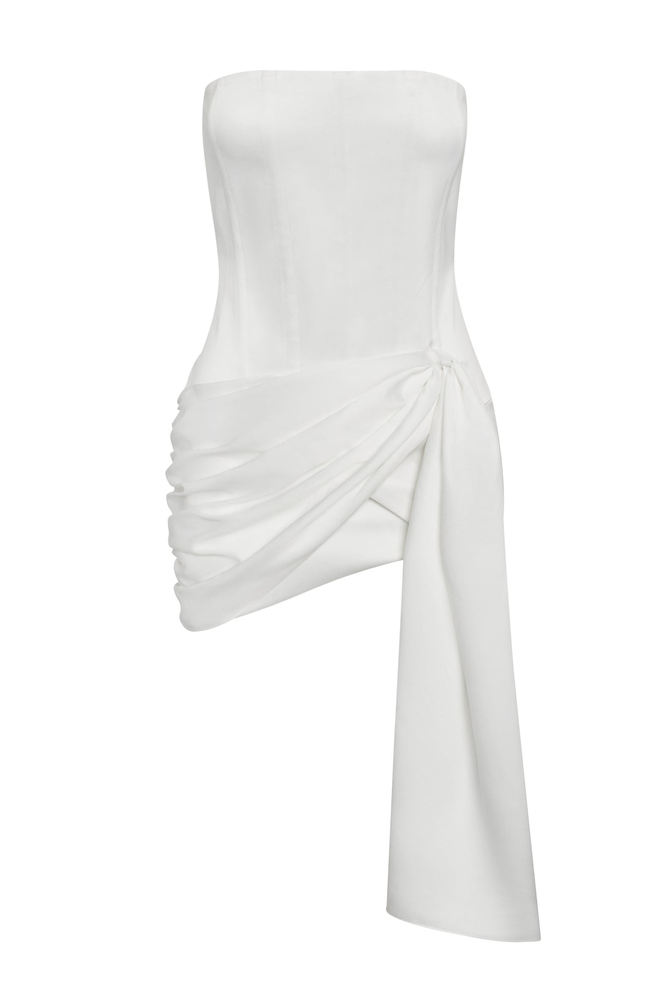 Solara Satin Corset Dress in White, front view.