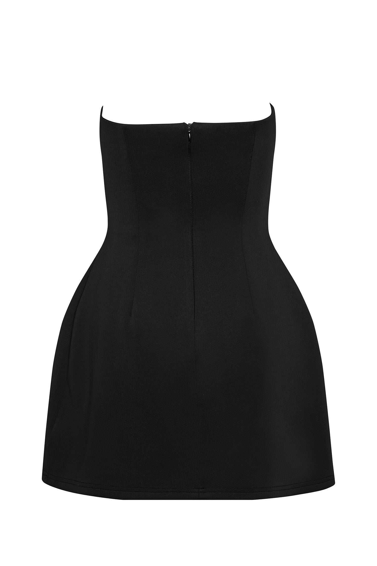 Solene Strapless Pocket Mini Dress in Black, back view.