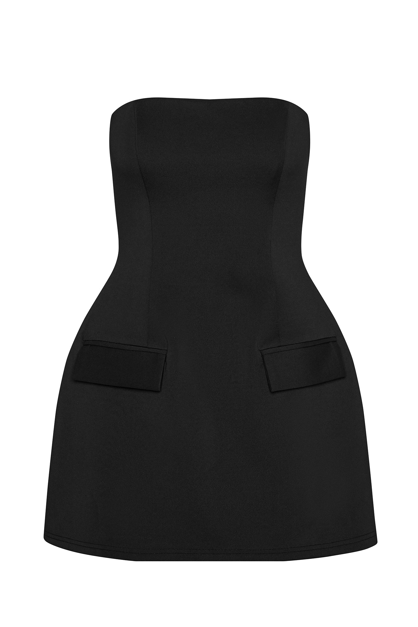Solene Strapless Pocket Mini Dress in Black, front view.