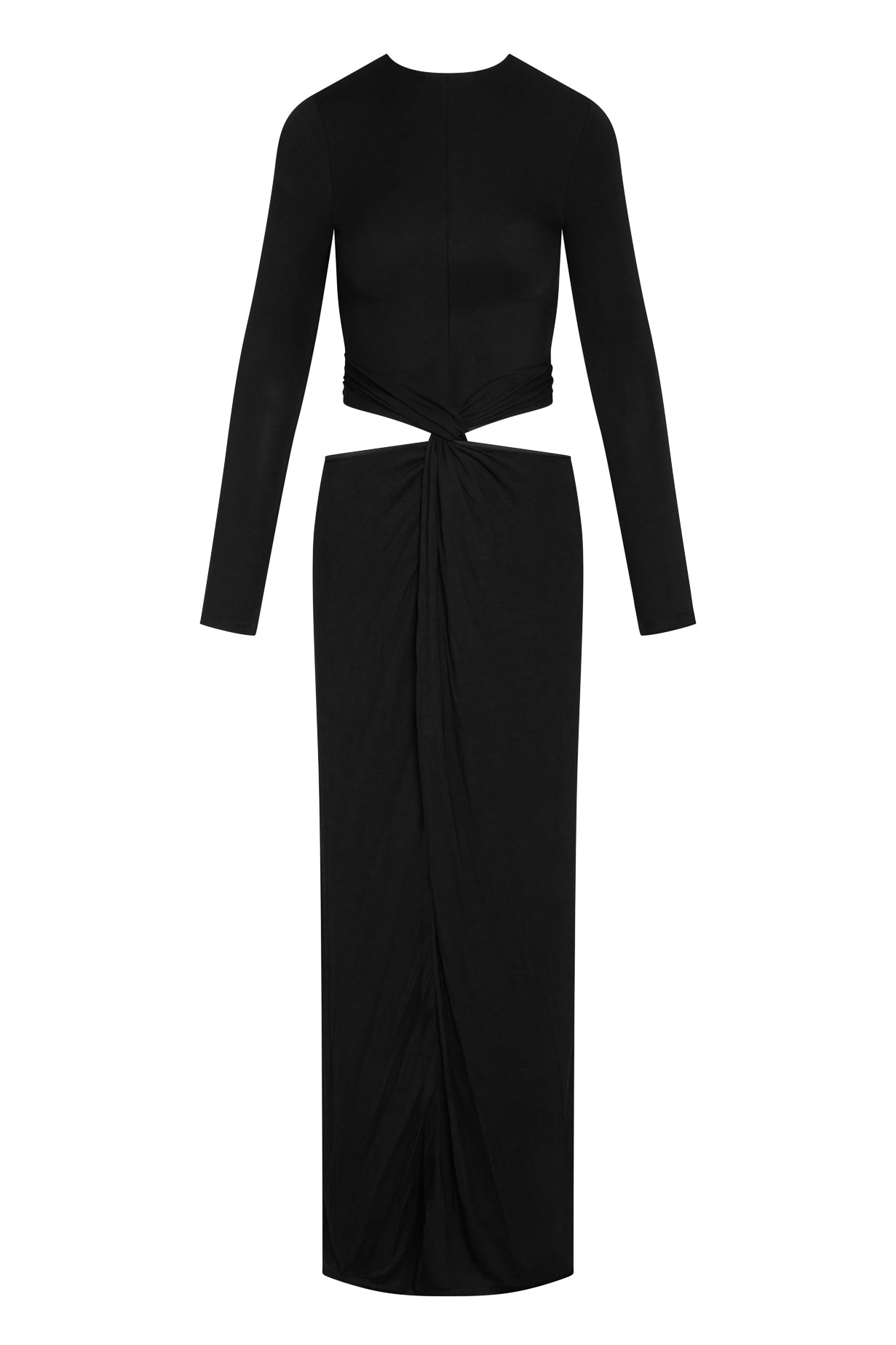 Vacanza Drape Gown in Black, front view.